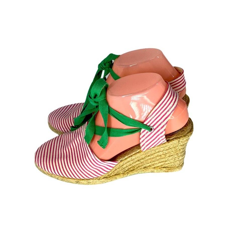 Striped Pink Espadrille Wedge Sandals with Green Tie
